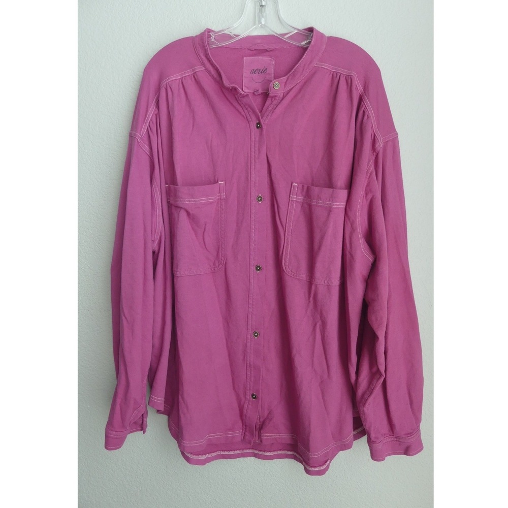 Aerie Real Magenta Pink French Terry Button Down Oversized Shirt XL Shacket